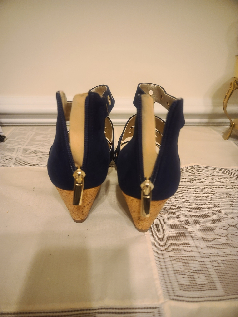 Bandolino Navy Suede Cork Wedge Sandals with Back Zip